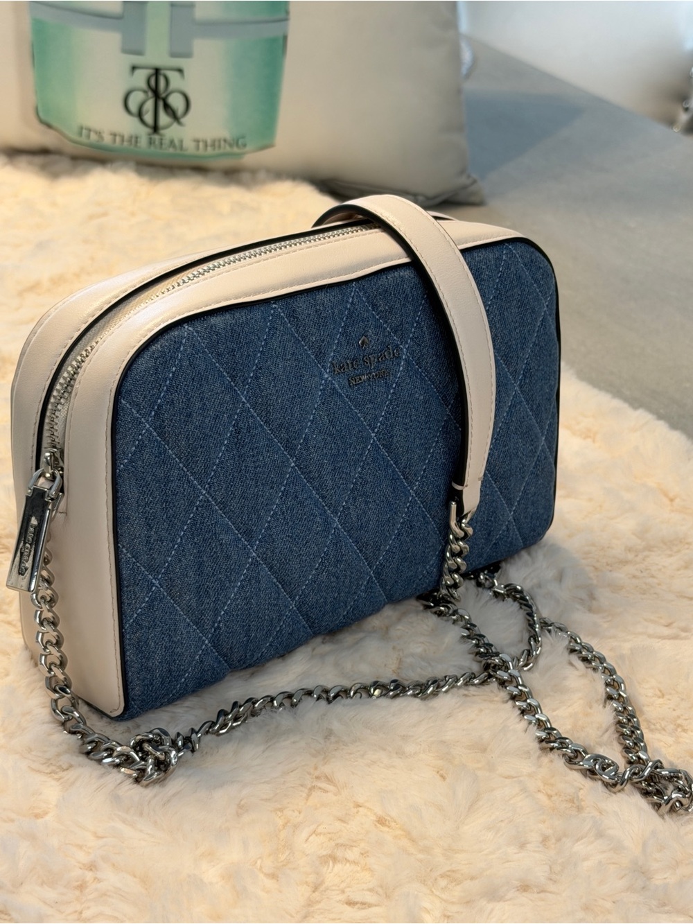 Kate Spade Quilted Denim Crossbody with Cream Trim like New